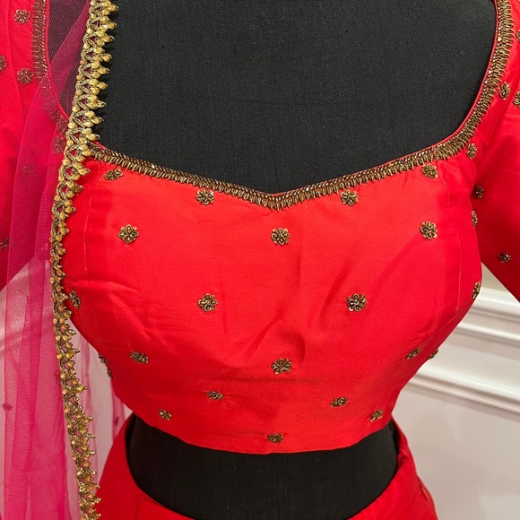 Custom made designer lengha. Gorgeous chevron print red, pink & gold outfit. - Picture 3 of 7